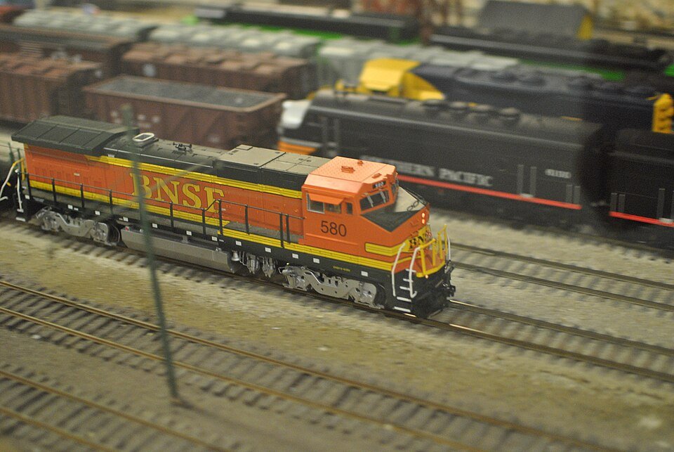 A model freight locomotive on a layout at the San Diego Model Railroad Museum
