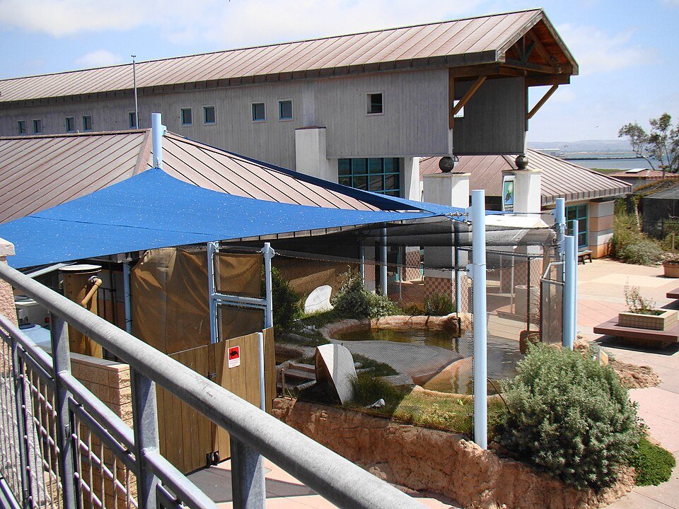 A building at the Living Coast Discovery Center in Chula Vista with a blue shade sail and animal habitats in front