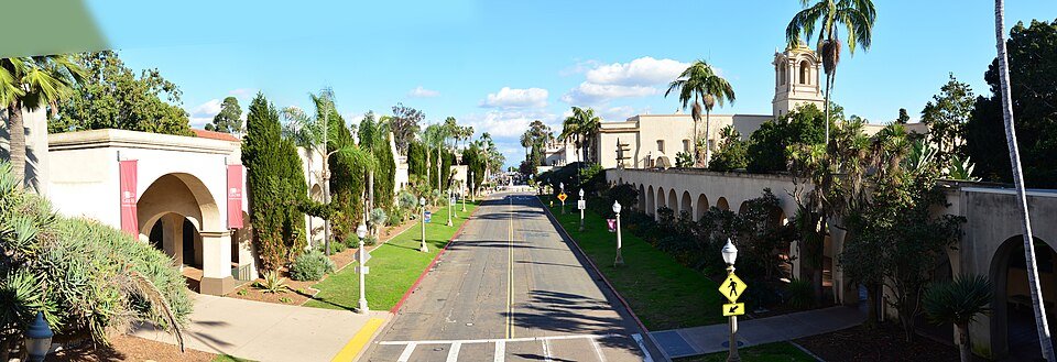 El Prado, the main walkway of Balboa Park, lined with Spanish-style arcades and palms