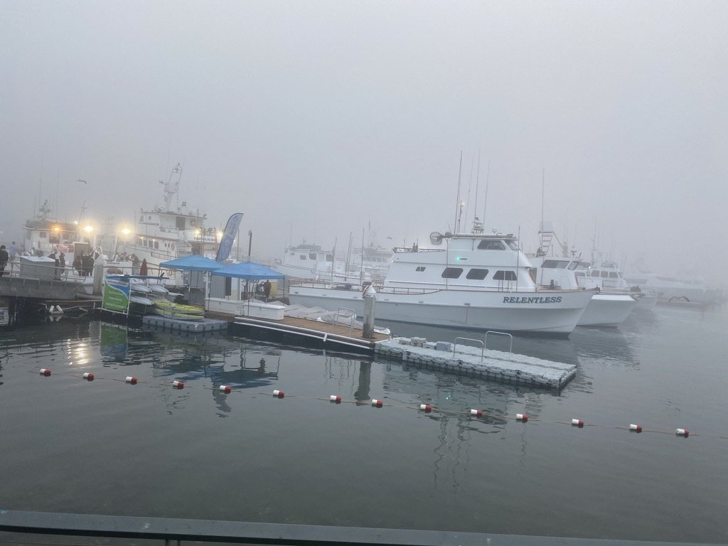 Moored boats half hidden in thick fog at the dock