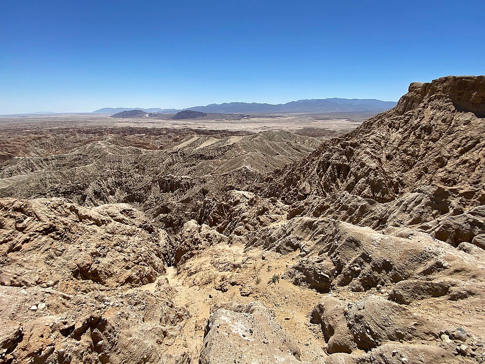 Eroded sandy badlands seen from a lookout above the Anza-Borrego desert floor