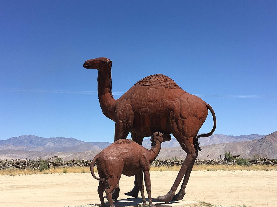 A large rusty metal camel and its calf sculpture in the desert with mountains behind