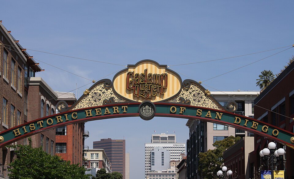 The Gaslamp Quarter arch sign reading Historic Heart of San Diego