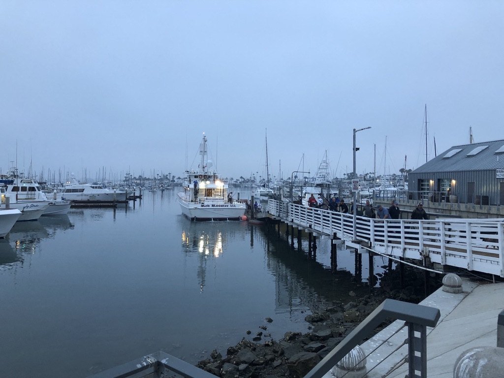 A boat at a long dock in a calm harbor at dawn, other boats moored beyond