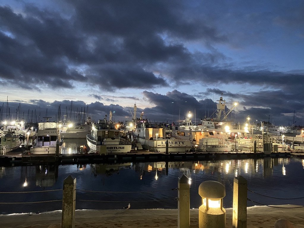 Moored boats lit up at the dock under a dark evening sky