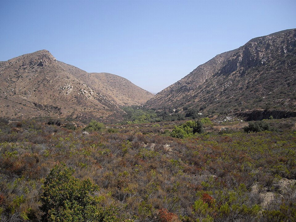 A brush-covered valley between two dry hills in Mission Trails Regional Park
