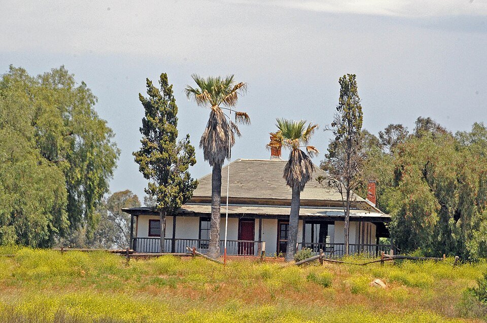 Old white ranch house with palm trees and green meadow
