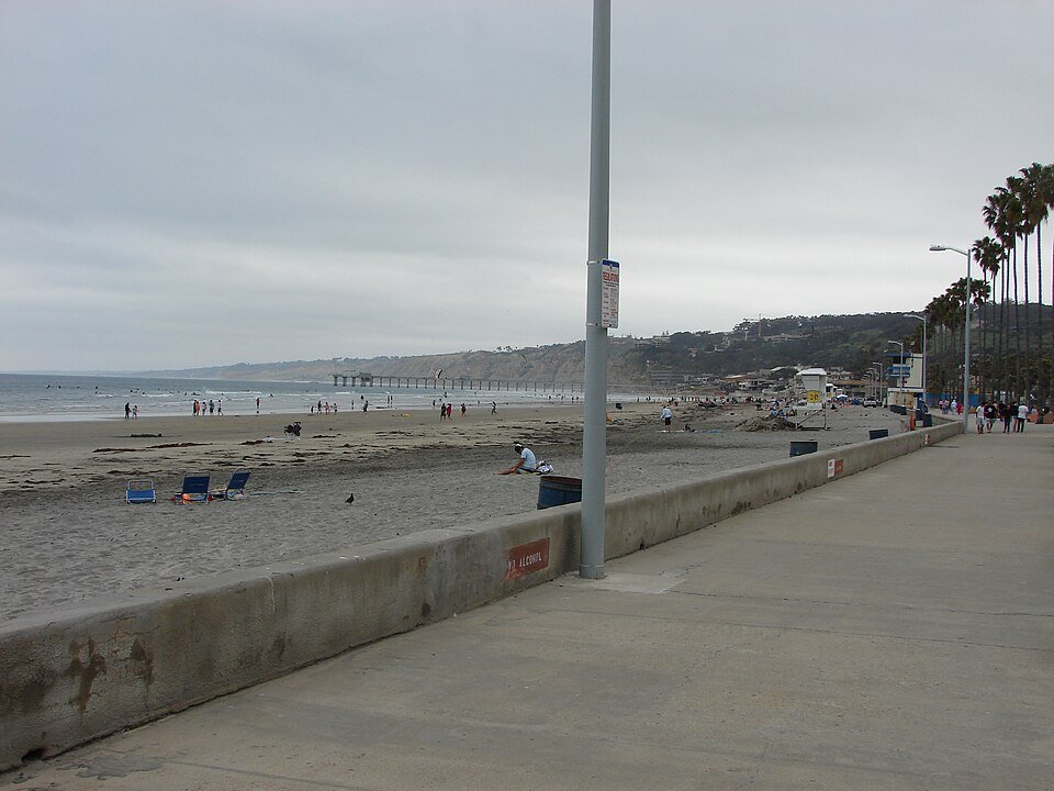 The wide sand beach and seawall walkway at La Jolla Shores