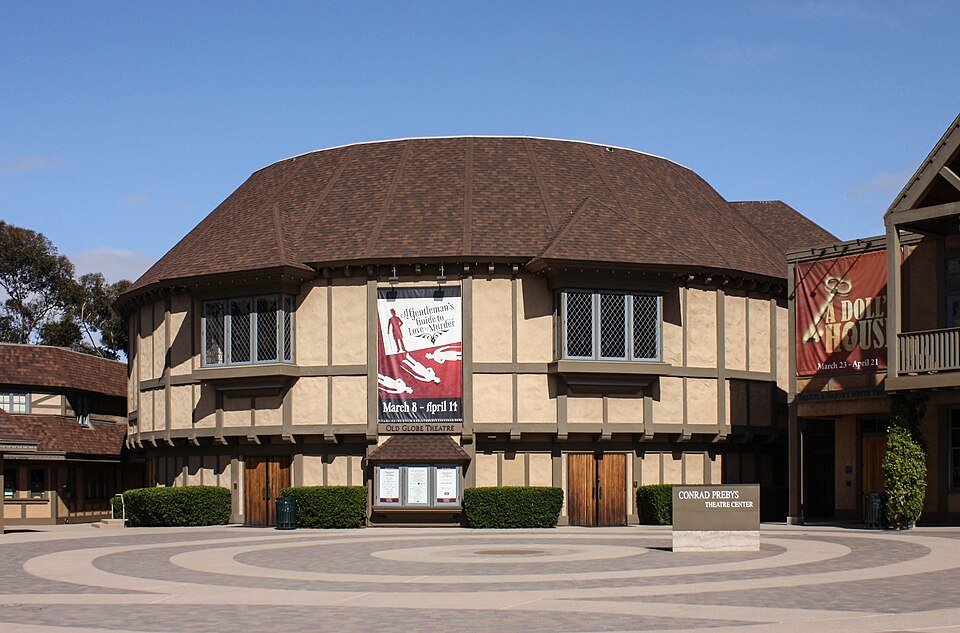 The timbered, round Old Globe Theatre building in Balboa Park