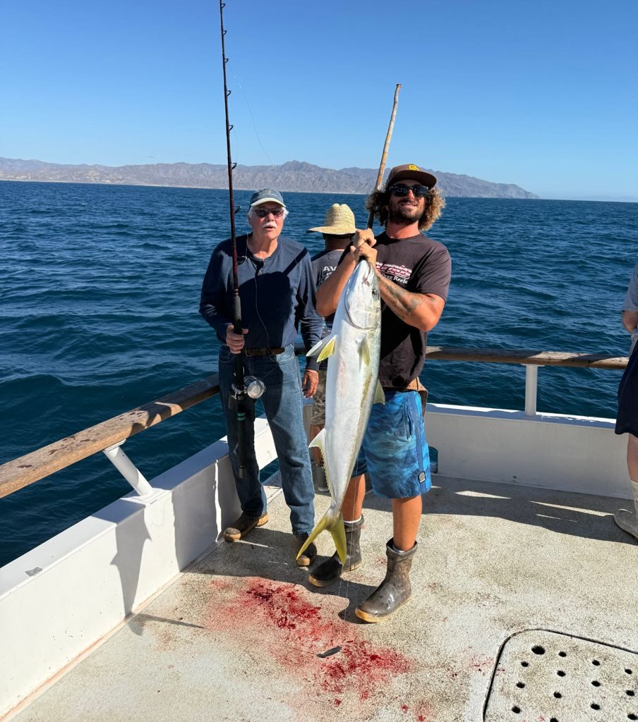 A crew member on deck holding up a large yellowtail, an angler with a rod beside him and an island coast behind