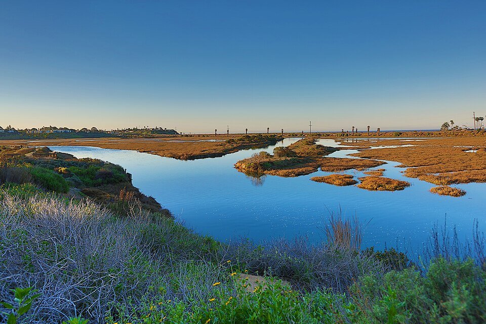Blue water winding through golden marsh at San Elijo Lagoon with coastal hills beyond