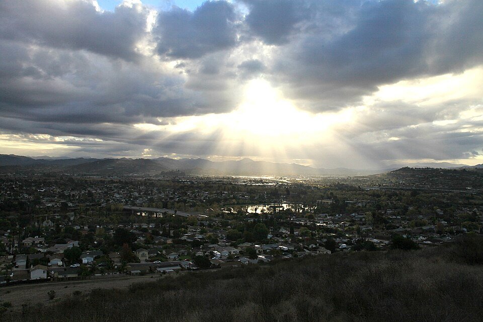 Santee seen from the hills at sunset with lakes in the distance