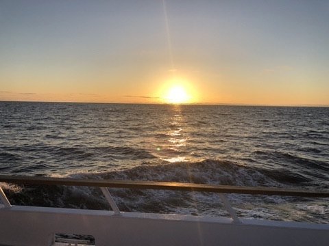 Sun setting over the ocean behind the deck rail