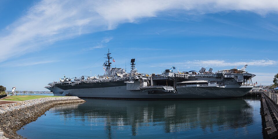The USS Midway Museum aircraft carrier moored on San Diego Bay